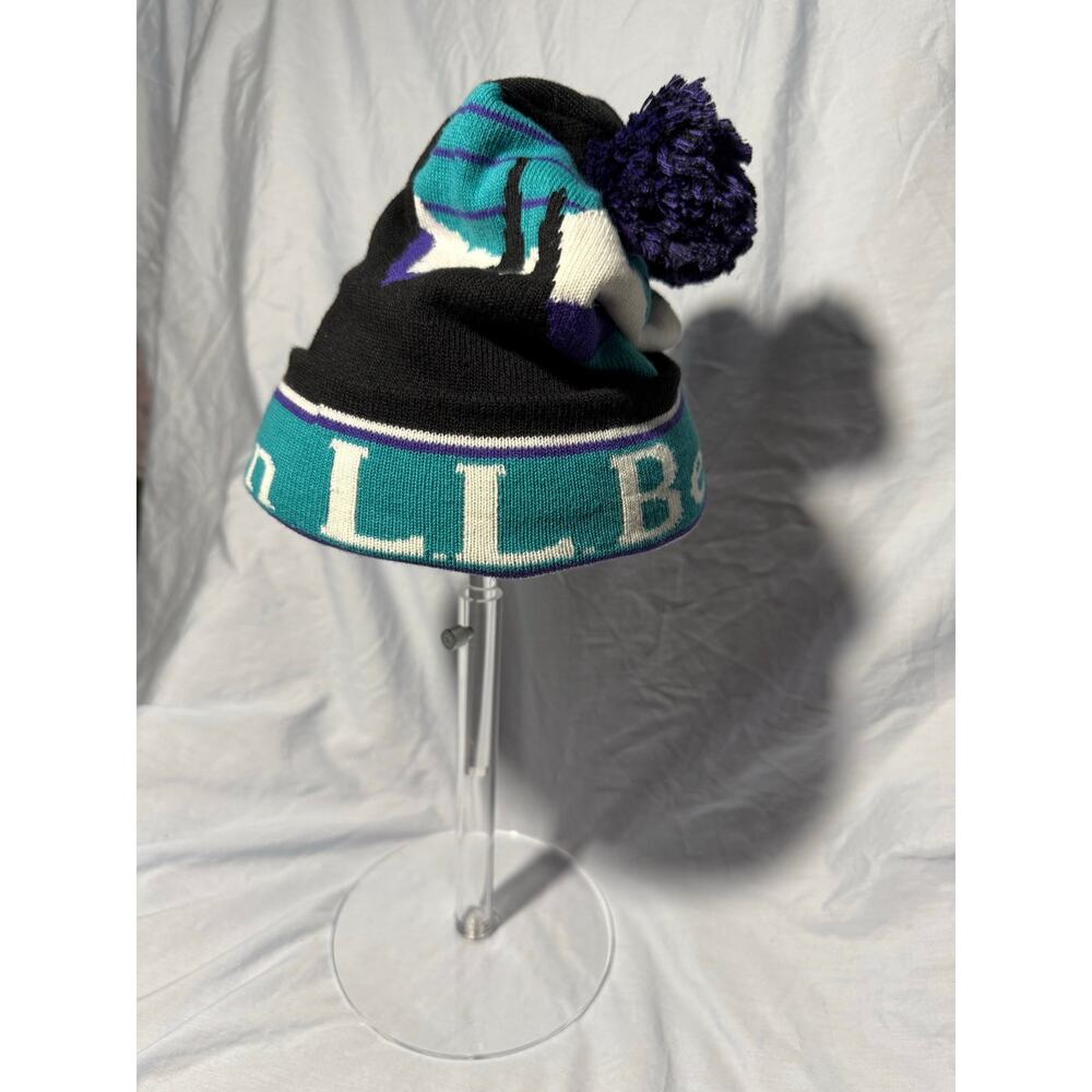 L.L.Bean Vintage Pom Beanie Teal Purple Black Mountain Knit Winter Hat - Picture 4 of 8